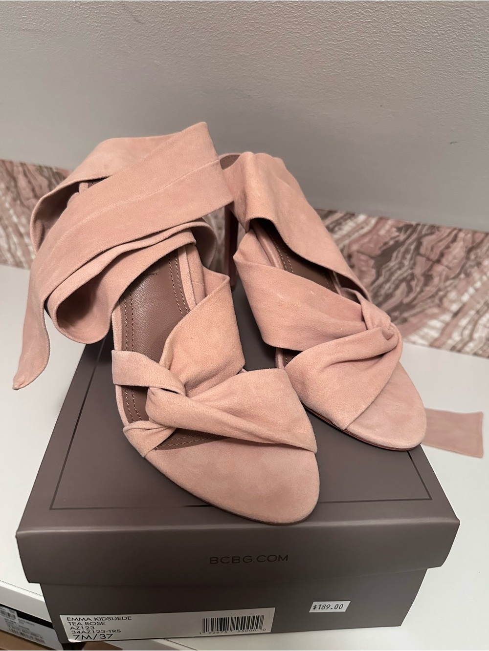 BCBG Beige/Nude Suede Wrap Sandals - GORGEOUS!